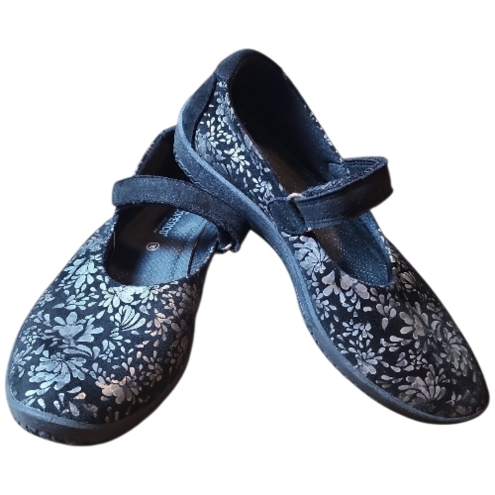 ARCOPEDICO | L45 Black Silver Metallic Floral Barbara‎ Mary Jane Flats | 39 US 8